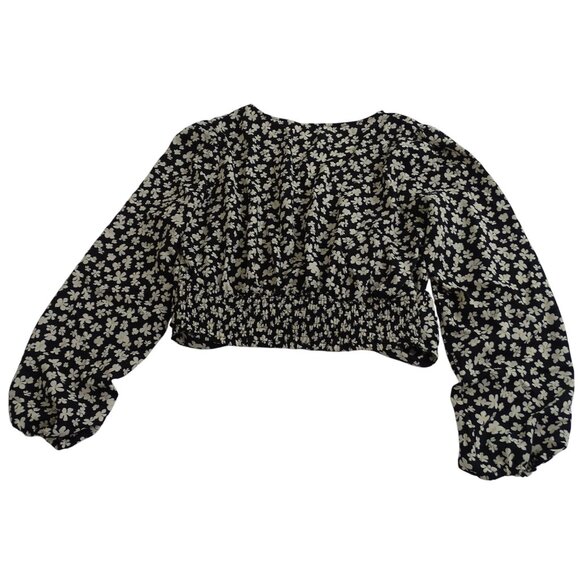 H&M Black Floral Crop Top Long Sleeve V-Neck Drawstring Hem Blouse Women Size M - Picture 3 of 12